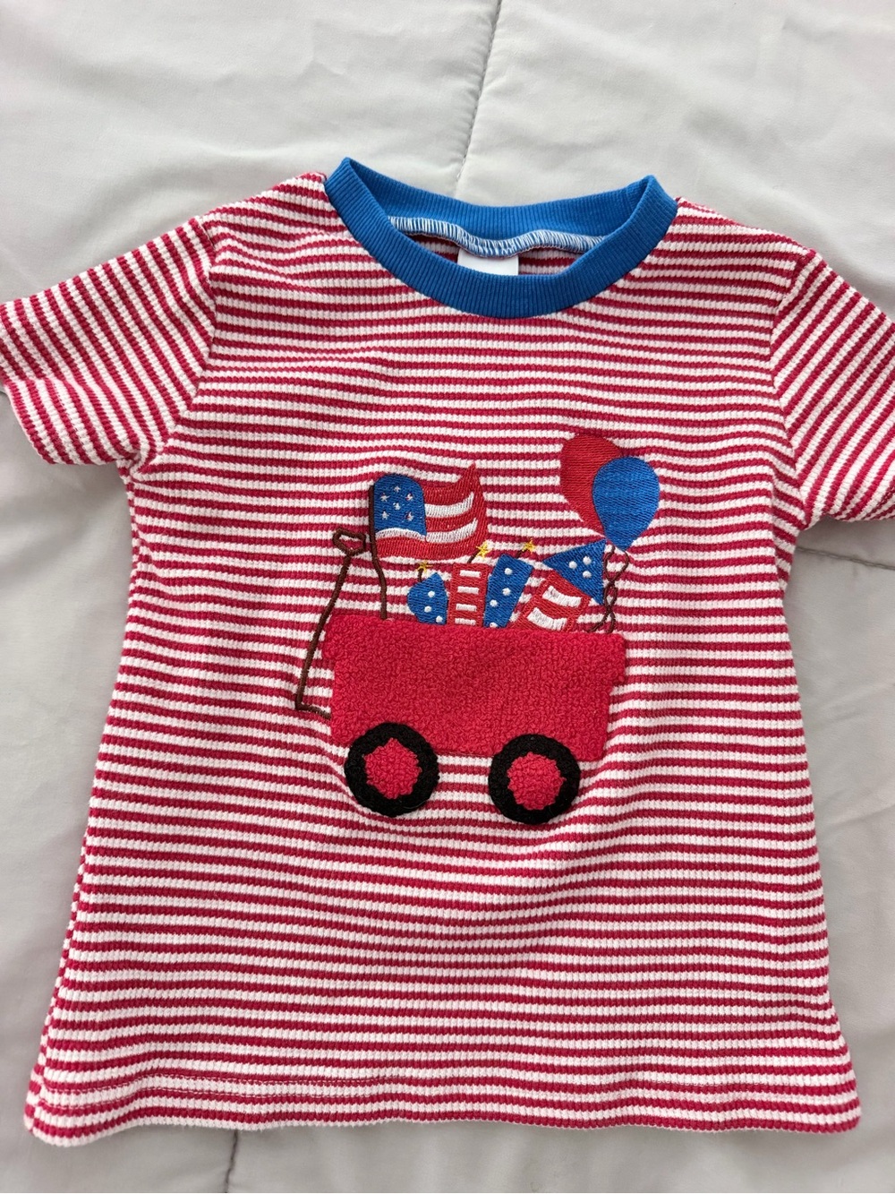 Vintage Boys' Red & White Striped Wagon Tee with Blue Trim